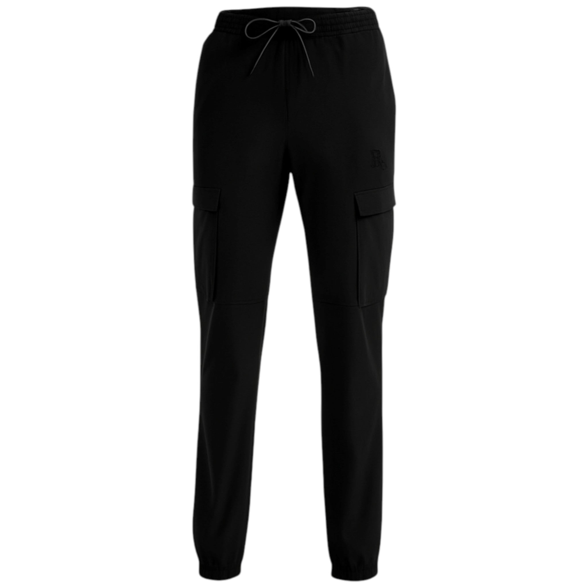 Men's slim fit black cargo trousers with side zip pocket, cuffed ankles, and elastic waistband